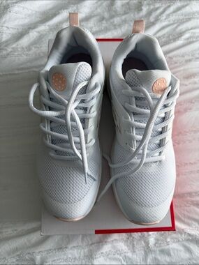 Women's White Athletic Sneakers with Rose-Tone Accents